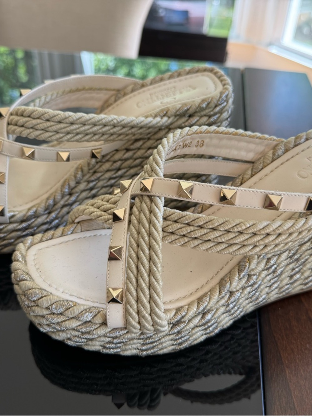 Valentino Garavani Cream Braided Rope Wedge Sandals with Gold Stud Accents